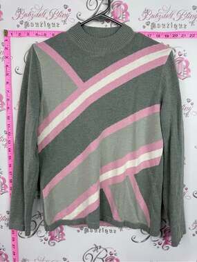 RABE top Women's Gray Cowlneck Sweater with Pink & Cream Stripes